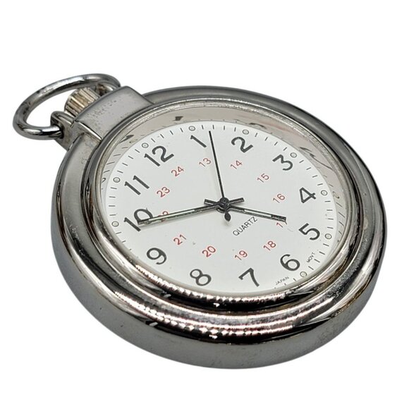 Quartz Pocket Watch Vintage Silver Tone Leather Carrying Case 48mm Open Face - Picture 7 of 10